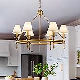 ALOADECOR 6 Lights W34 Vintage Copper and White Pleated Fabric Chandeliers for Dining Room Mid Century Modern Large Round Cha