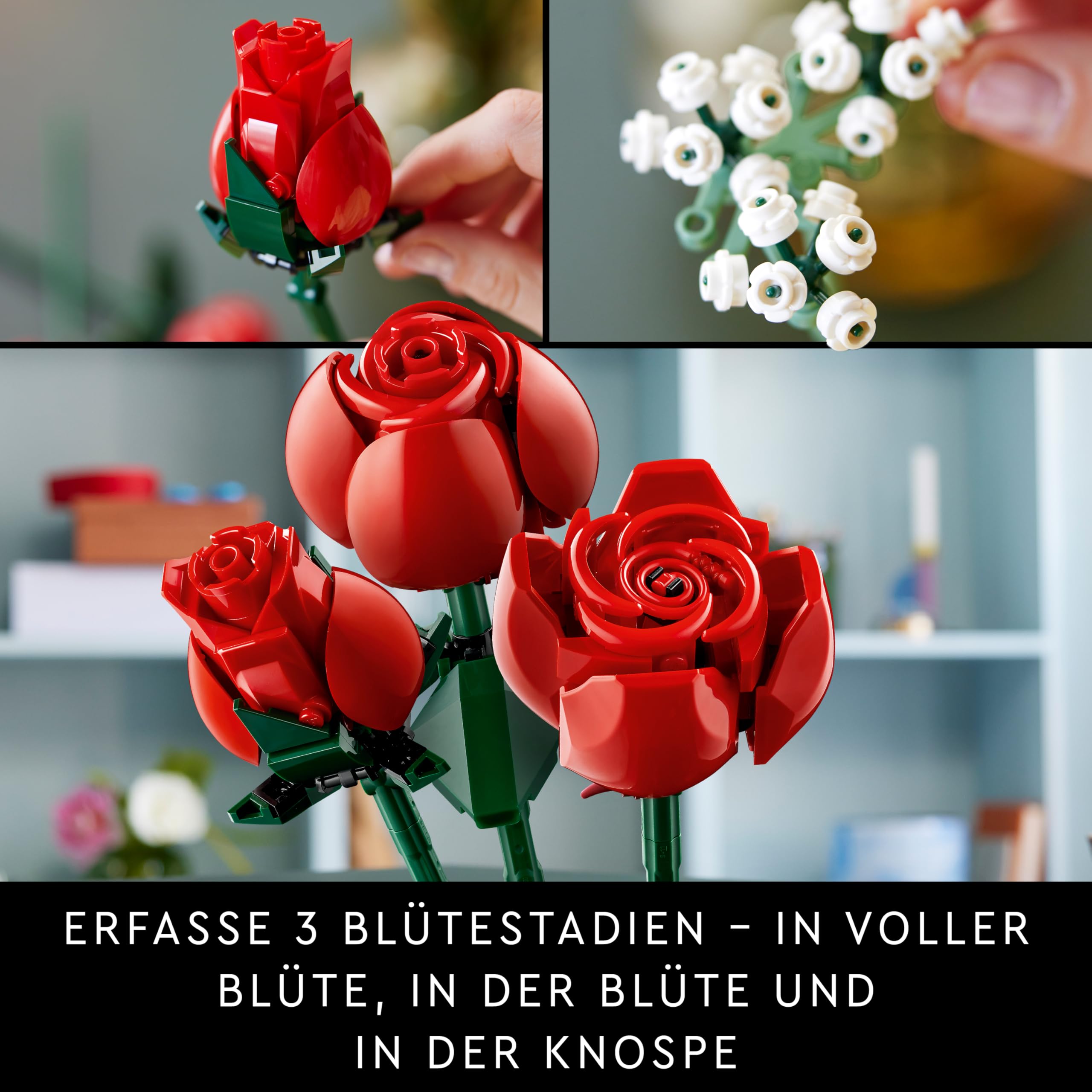 LEGO Botanicals Rosenstrauß - Set aus Kunstblumen für Erwachsene - mit 12 künstlichen Rosen & 4 Zweigen Schleierkraut - DIY Deko zum Bauen - Geschenkidee für Frauen - 10328 5