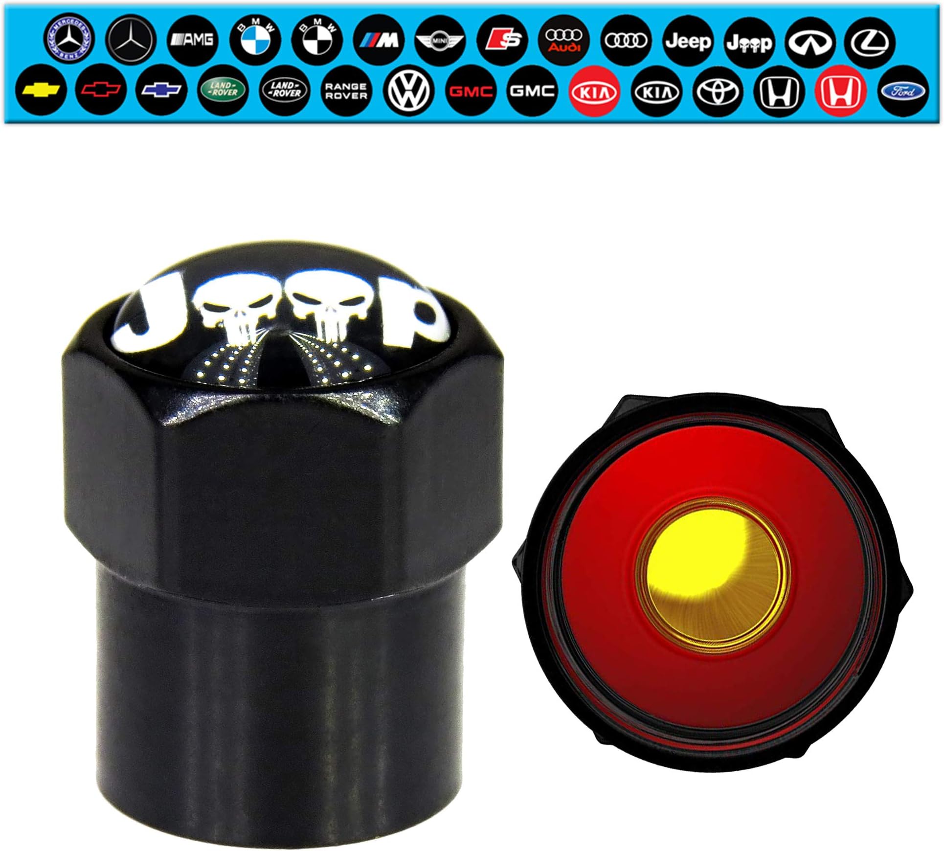 Jeep Skull Tire Valve Stem Caps Black Wheel Air Dust Covers with Rubber Seal Brass Material Universal Fit Jeep,Jeep Wrangler,Jeep Compass,Jeep Cherokee,Jeep Renegade,Jeep Grand Cherokee (4 Pack)