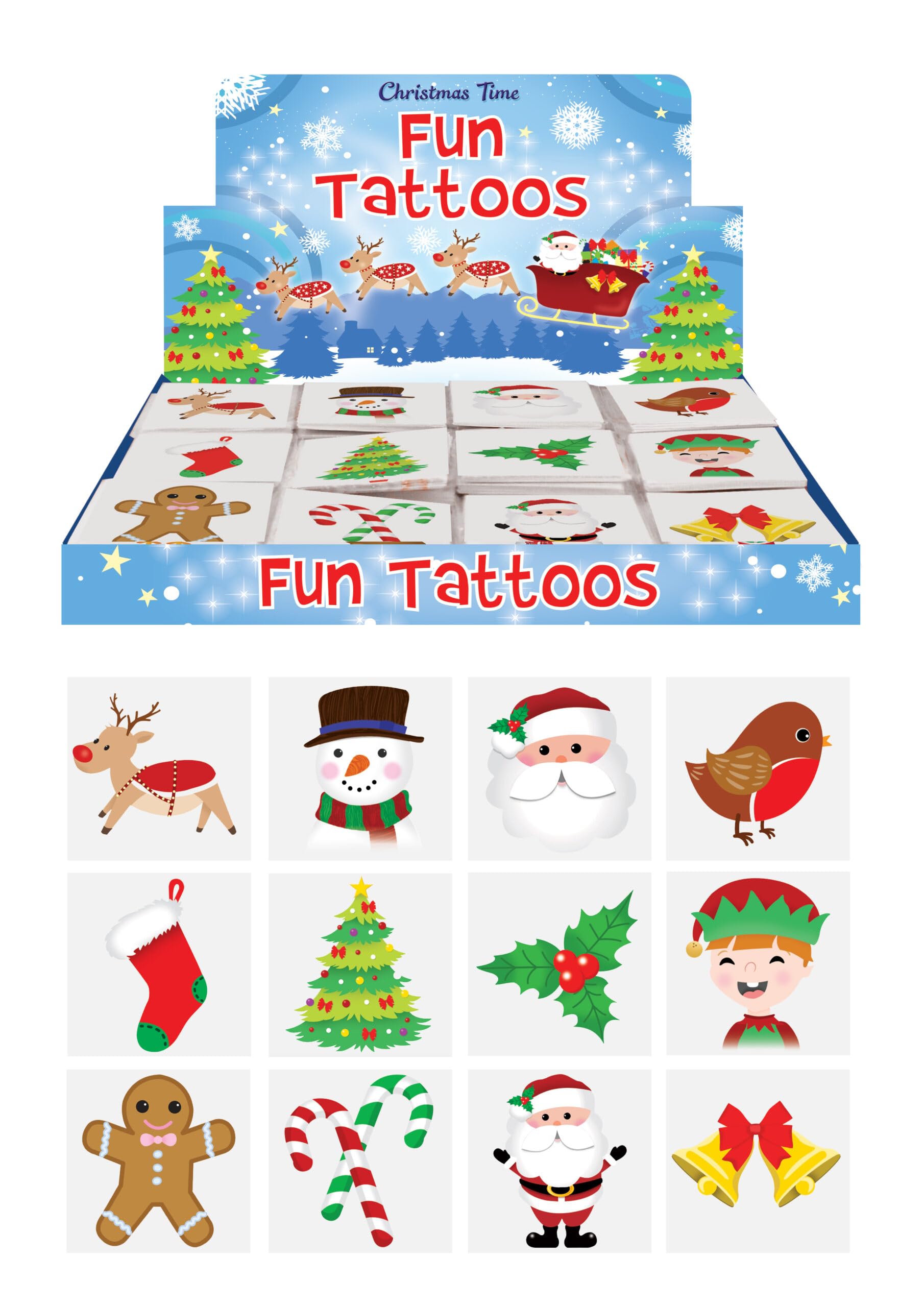 Henbrandt 10 x Mini Christmas Temporary Tattoos for Children 12pc Packs Kids Festive Xmas Party Bag Favours Stocking Presents Advent Calendar Fillers for Boys and Girls