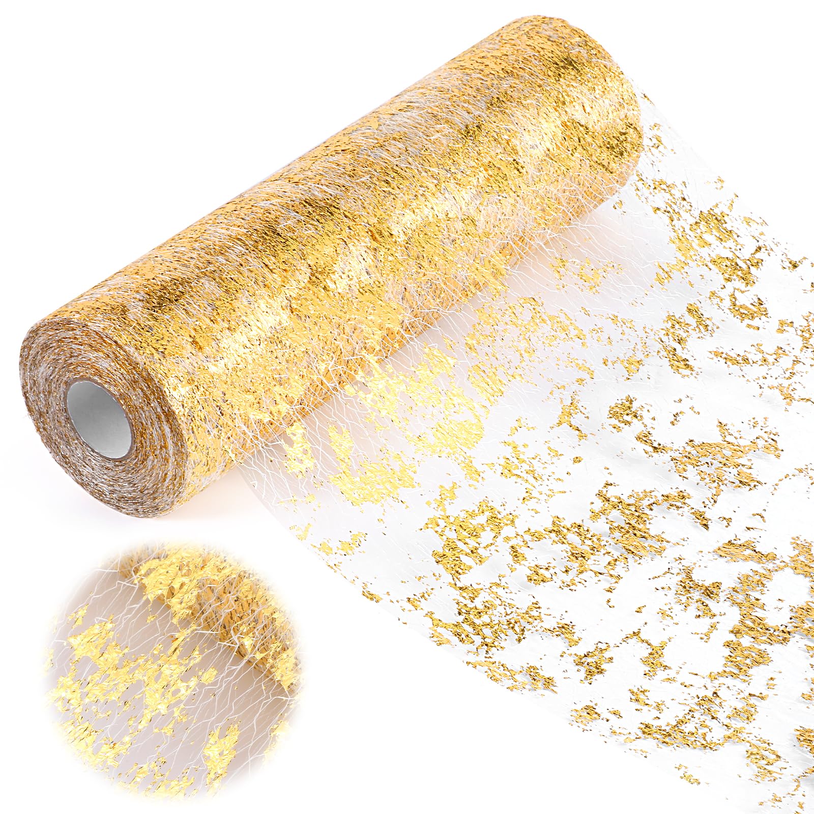 Photo 1 of 11 Inch x 98 Feet Glitter Metallic Gold Table Runner Glitter Metallic Foil Thin Mesh Table Runner for Wedding Bridal Shower, Baby Shower, Christmas, Birthday Party, Gold