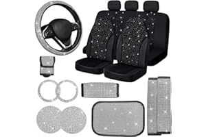 Jusen 17 Pack Bling Car Seat Covers Set Car Diamond Accessories Rhinestone Crystal Steering Wheel Cover, Bling Velvet Breathable (White, All Part Bling)