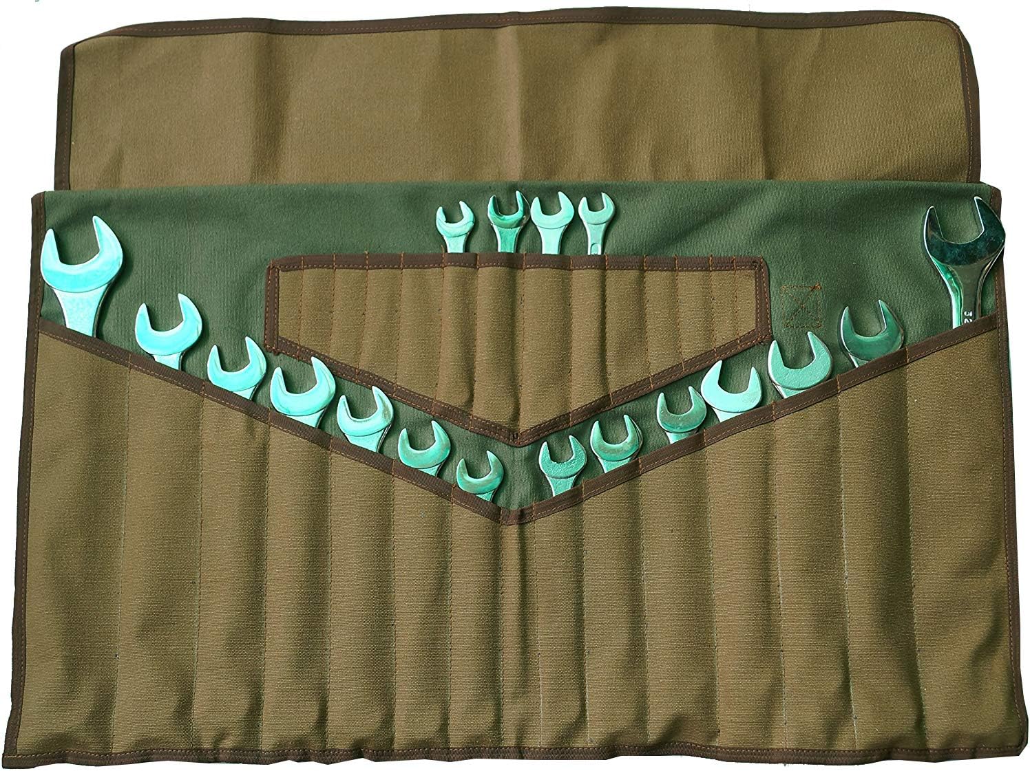 WR 160004 Wrench Roll 28 Pocket Olive Drab/Cinnamon Brown HW 100% Dyed Cotton Canvas