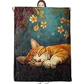 dongprom Sleeping Cat Blanket Peaceful Orange Tabby and Floral Artwork Throw Blankets Lightweight Flannel Throws for Camping Couch Chair Office Bed Home Decor Gifts for Kitten Lover,60x50inch