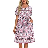 ETOSELL Women's V-Neck Floral Nightgown Short Sleeve Mid-Length Sleepwear with Pockets Casual Comfortable Nightie Dress