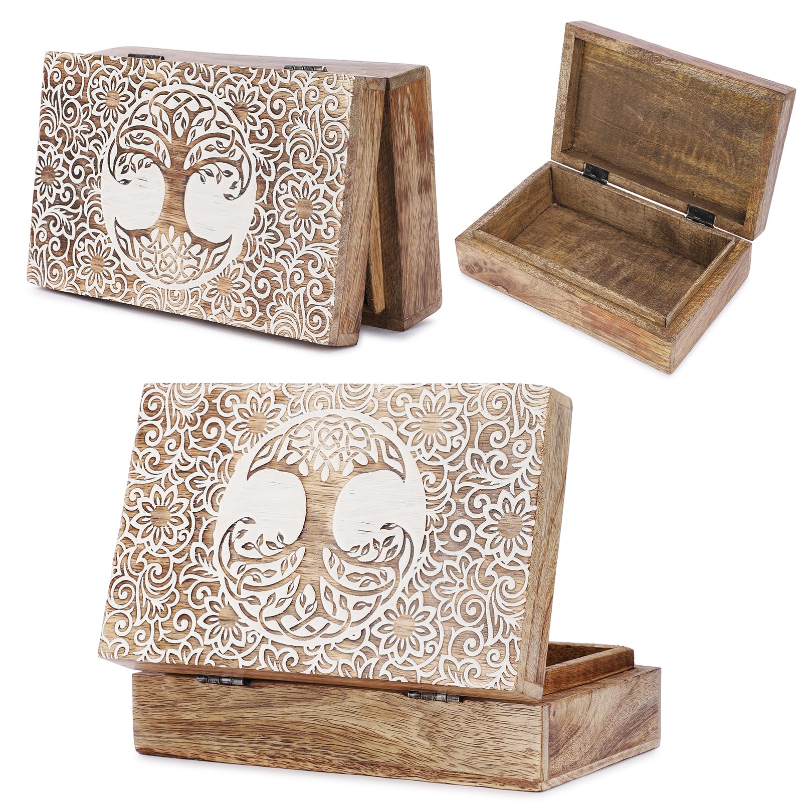 Ajuny Hand-Carved Wooden Jewellery Box – Tree of Life Carving, Handmade Mango Wood Keepsake/Trinket Organiser, Decorative Treasure Chest Storage, Gift for Women & Men, 8 × 5 Inch