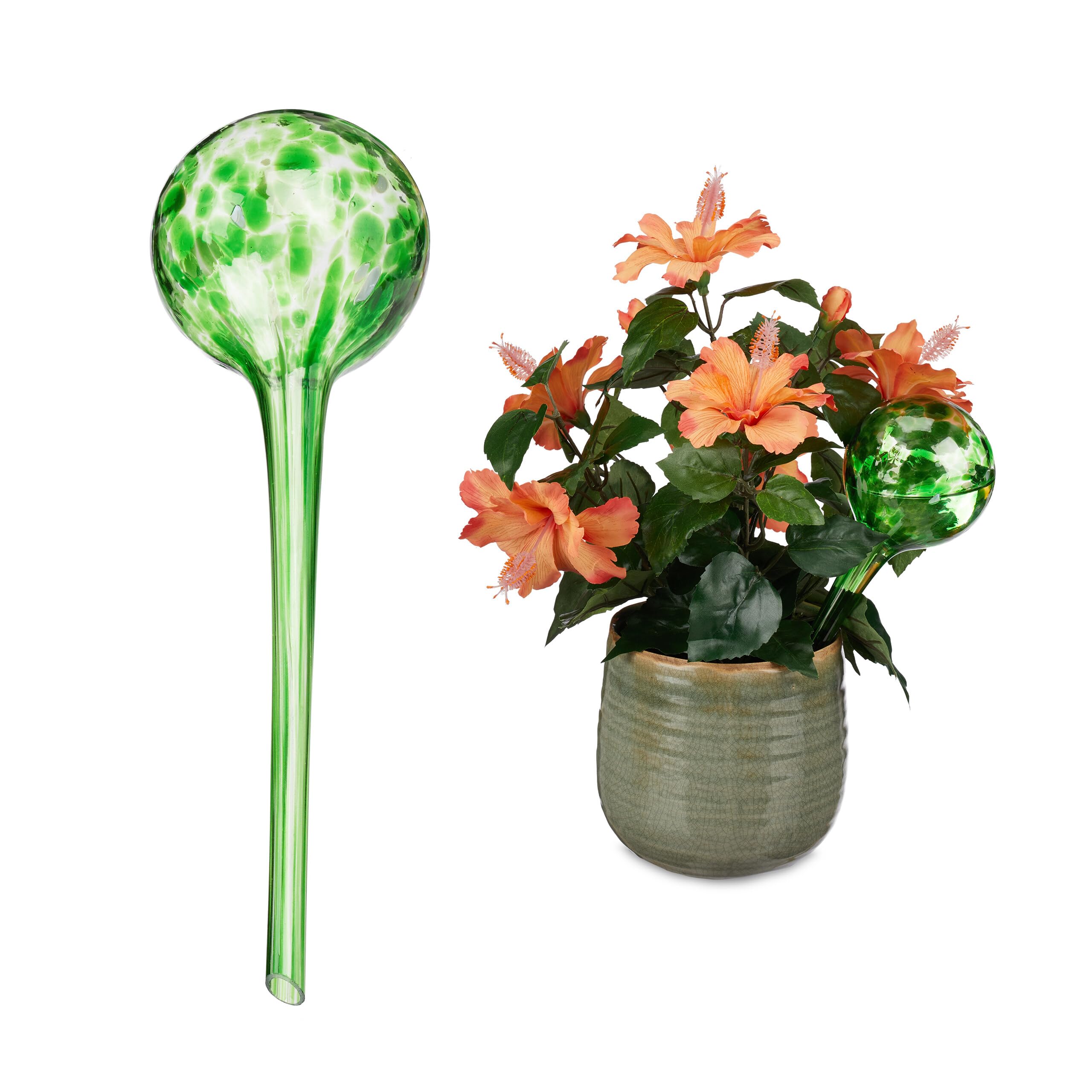Relaxdays Watering Globes Set of 2, Regulated Plant Irrigation for Office & Holiday, Glass, Ø 9 cm, Green