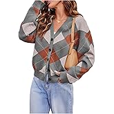 SOLY HUX Women's Argyle Cardigan Sweater Plaid V Neck Button Down Long Sleeve Casual Cardigans