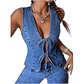 Milumia Women's Tie Bow Front Deep V Neck Denim Vest Sleeveless Jean Jacket