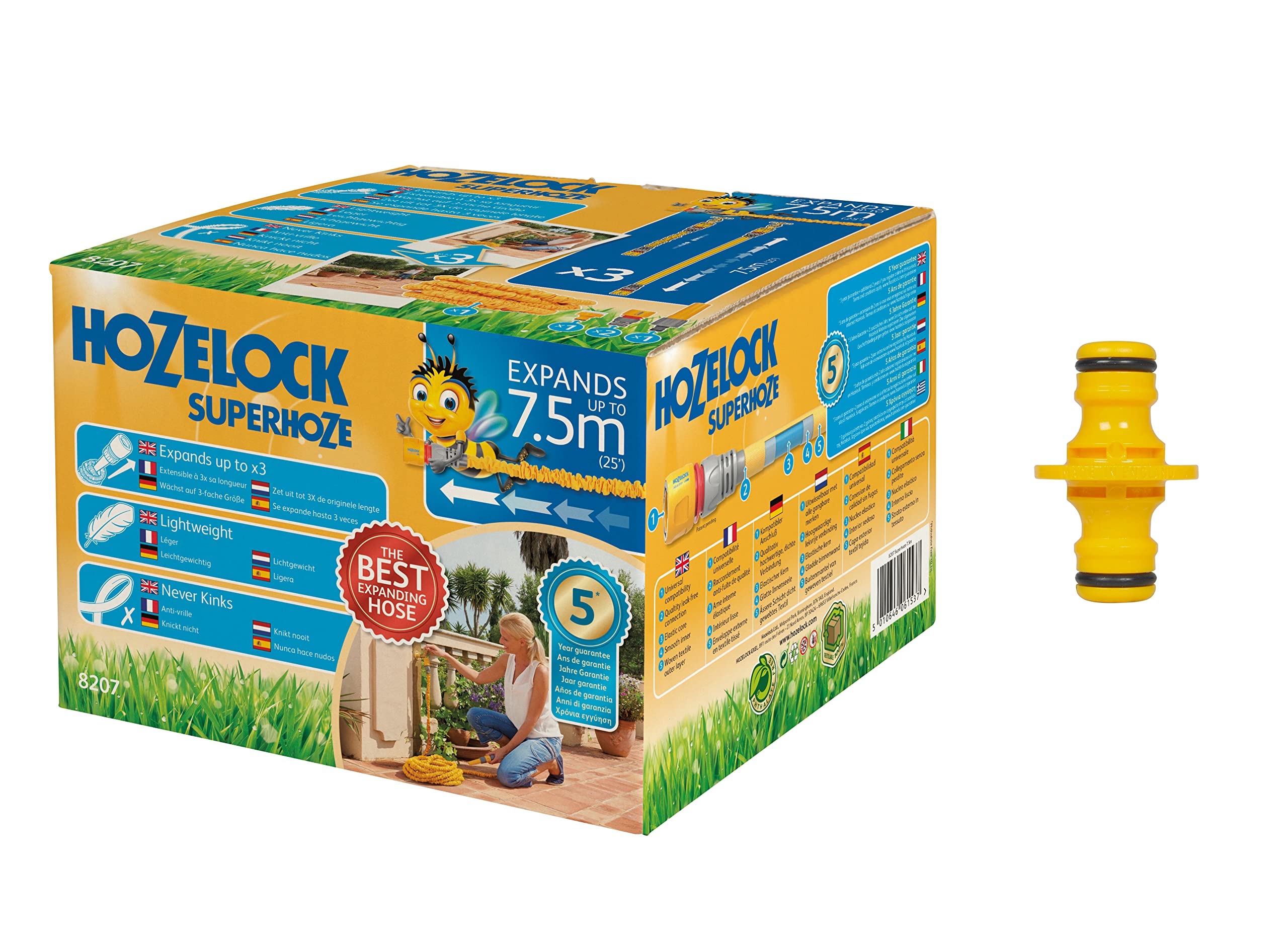 Hozelock 7.5m Superhoze Hosepipe, Yellow & Grey & Double Male Connector