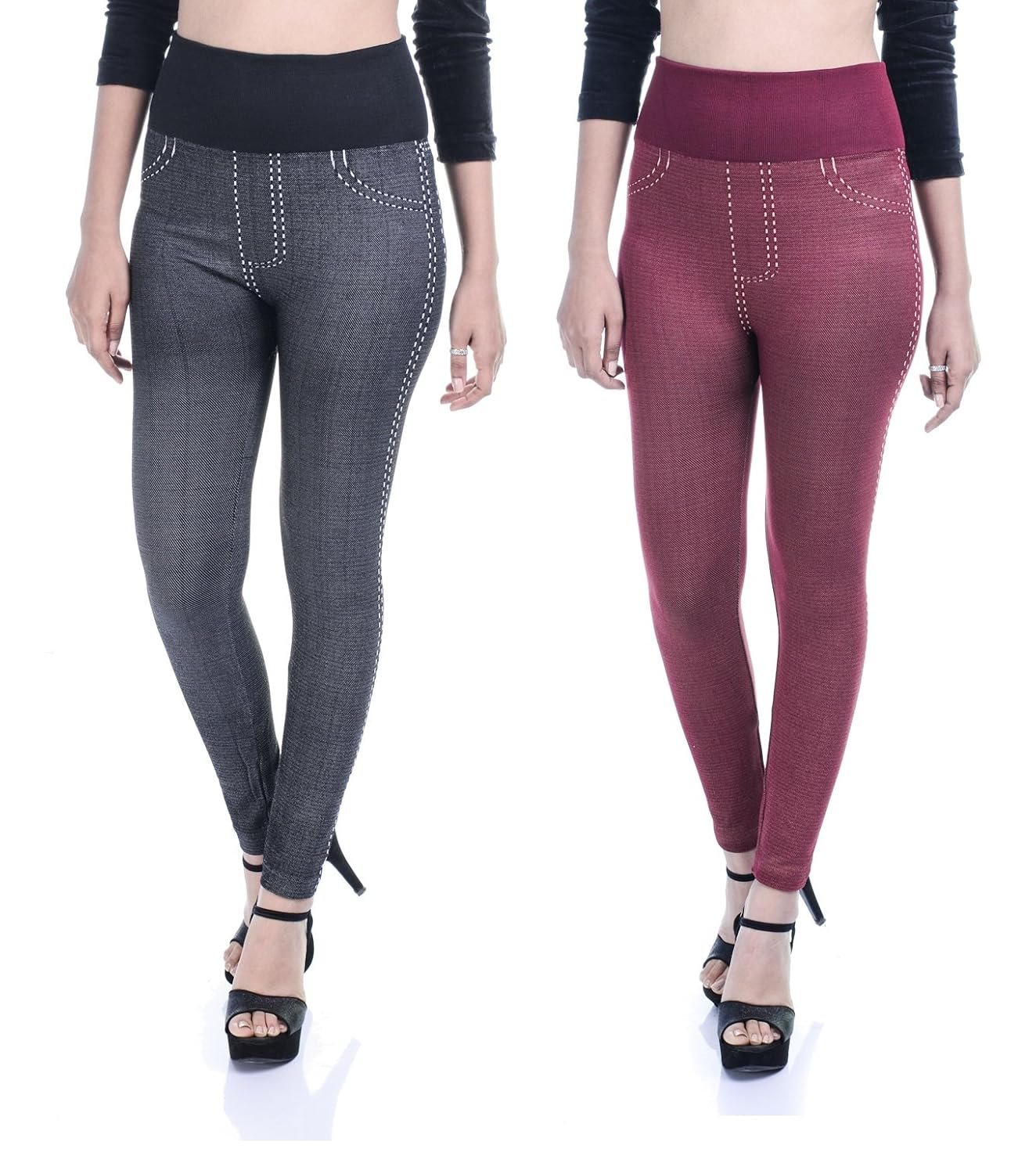 timbre pack of 2 women jeggings free size yoga pants gym wear for women black & red