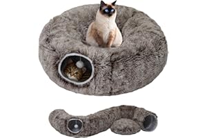 WYZJL Cat Tunnel Bed for Indoor Cats with Washable Cushion Cat Cave Donut Tunnel with Fluffy Ball Big Round Tube Pet Playground Toys Soft Plush Peekaboo for Kitten, Cat, Puppy, Rabbit, Ferret（Brown）