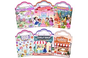 COSOMIA 6 Set (260pcs) Puffy Sticker Books Activity for Girls, Reusable Stickers Book, Fairytale+Garden+Princess Party+Mermaid+Kids Zone+Girls' Shop, Travel Book for Kids Ages 3+