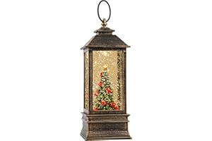 QUALDOUT Christmas Snow Globe Lantern Water Glittering Christmas Tree with Music, USB Lined/Battery Operated Lighted Lantern for Christmas Festival Decoration Gifts