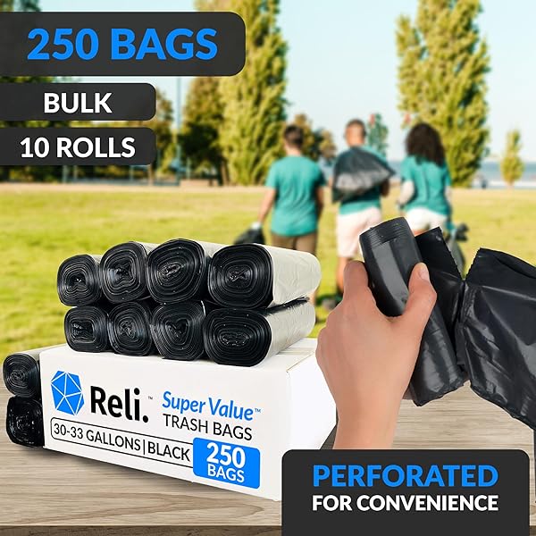 RELI. 30-33 GALLON TRASH BAGS HEAVY DUTY | 250 COUNT BULK | BLACK LARGE TRASH BAGS 30+, 32 GALLON | MADE IN USA