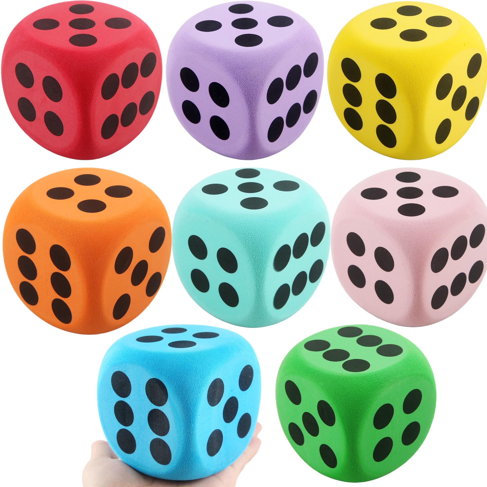 Cotiny 8 Pack 3.15 Inch Jumbo Dice Set Colorful Soft EVA Foam Dice Large Rounded Edge Dice for Classroom Math Learning Casino Games Party Favors, 8 Colors