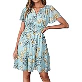 Simplee Women 2026 Floral Summer Short Dress Short Sleeves V Neck Chiffon A-Line Casual Flowy Boho Mini Dresses