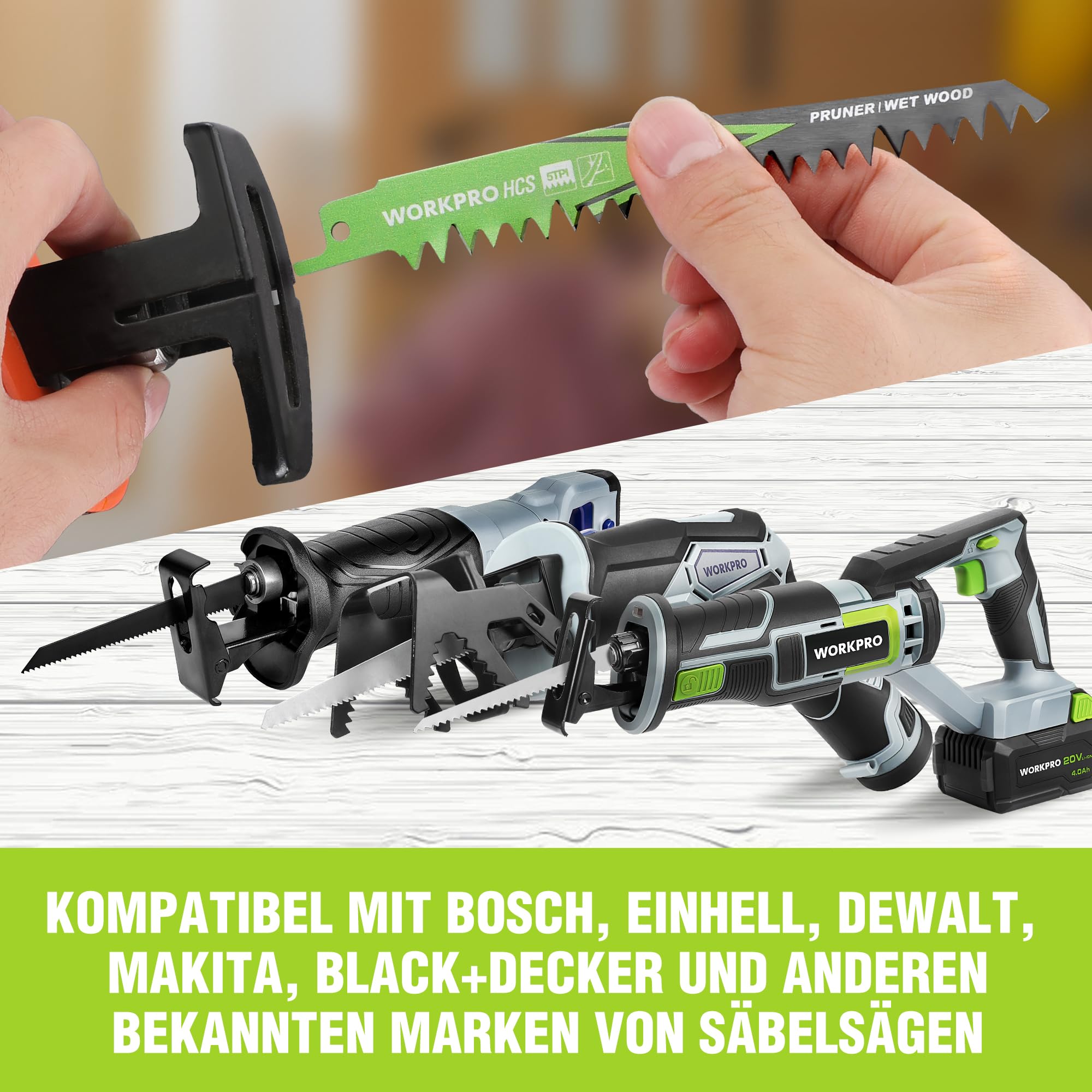 WORKPRO Säbelsägeblätter Set 5-teilig, Sägeblatt 152mm 5TPI aus HCS, zum Schneiden vom Zweigen, Kompatibel mit gängigen Säbelsägen 4