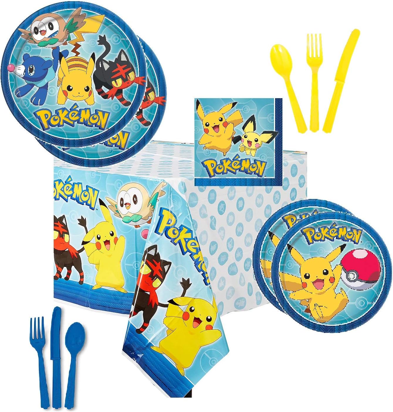 Pokémon Party Supplies Tableware for 16 Guests -16 Dinner Plates, 16 Dessert Plates, 16 Dinner Napkins, 1 Tablecover, 8 each Blue and Yellow Knives Forks Spoons