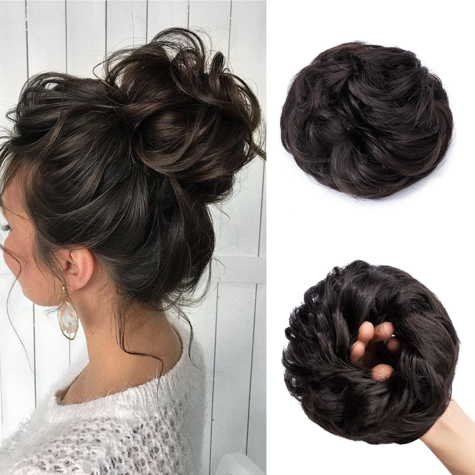 Cybelleza Scrunchy Bun Updo Hairpiece - Wavy Curly Messy Hair Bun Donut Hair Chignon - Dark Brown
