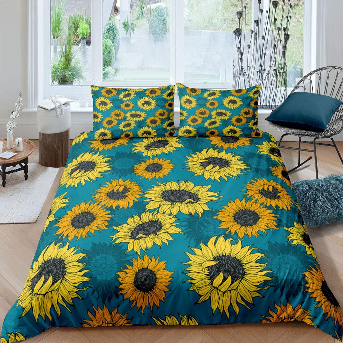 Sunflower Design Bed Linen Set 155 x 220 cm Floral Print Duvet Cover