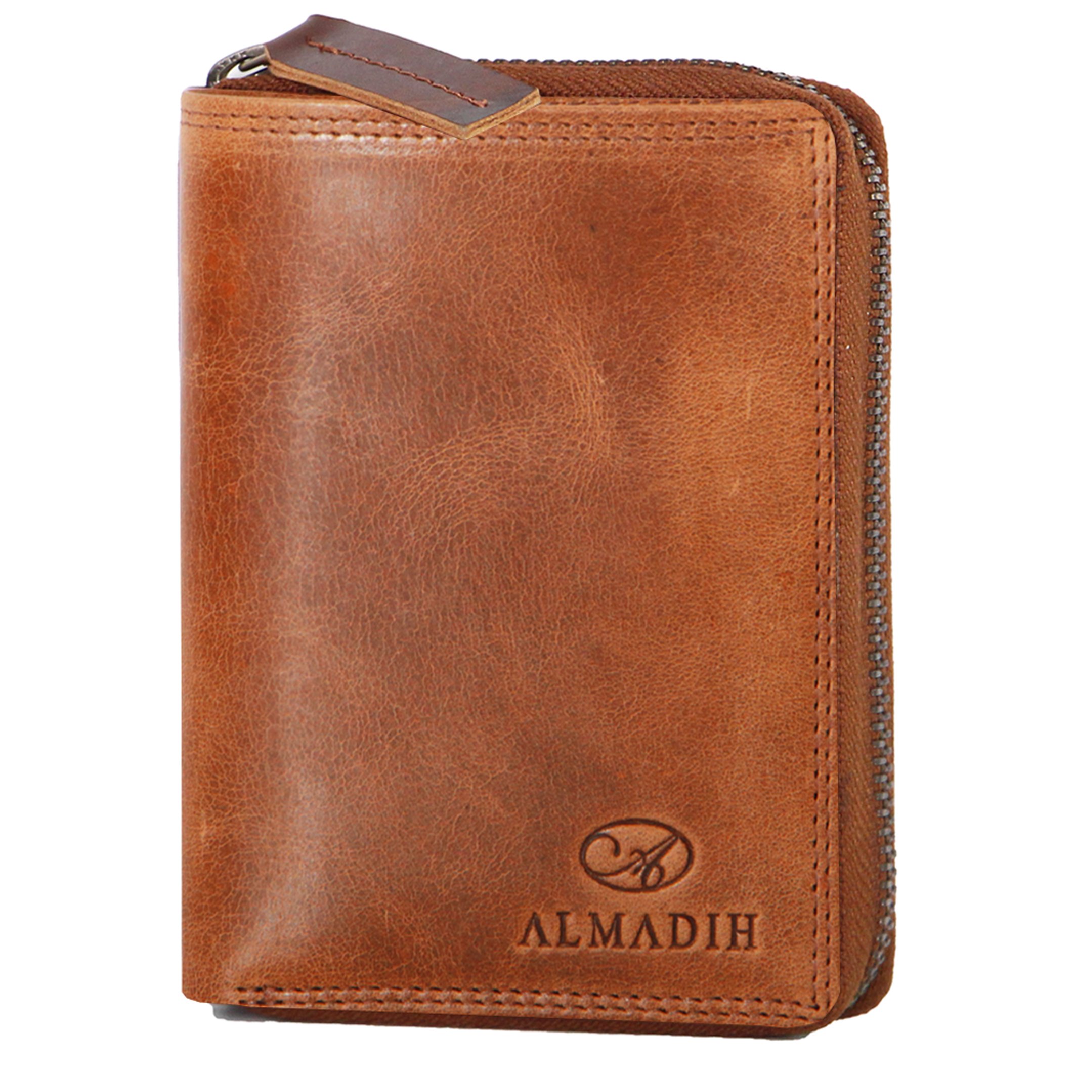 ALMADIH Premium Leather Wallet Portrait Format with Zip 17 Card Slots in Gift Box in Brown or Black P2H Zip - Leather Men's Women's Wallet Purse, P1h-rv Tan, M