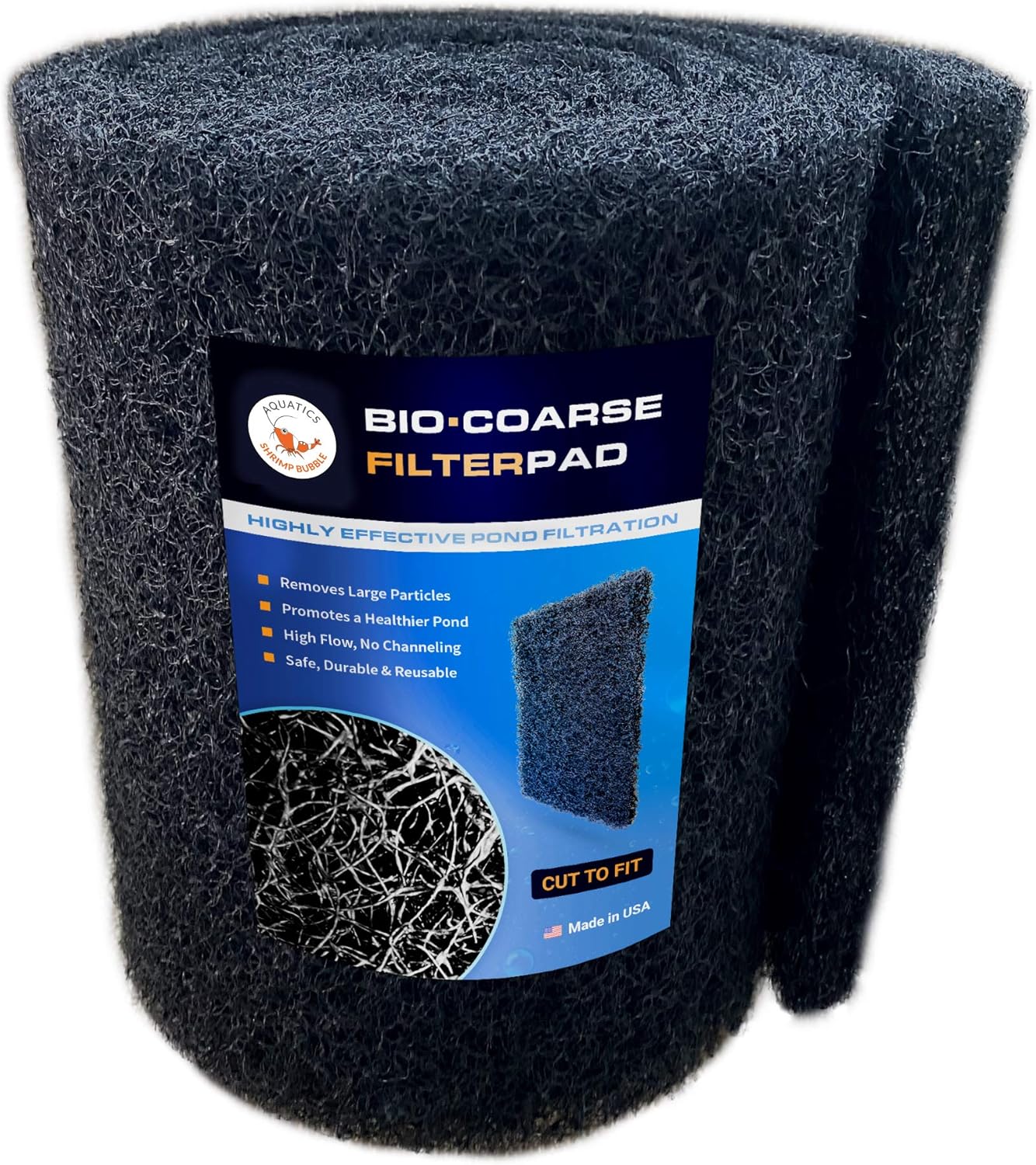 SHRIMP BUBBLE Koi Pond Filter Media Pad COARSE Black Bulk Roll Water Garden Rigid Latex Coated Durable Reusable PreFilter Mat –12 inches by 72 inches by 1 inch Thick - Made in USA