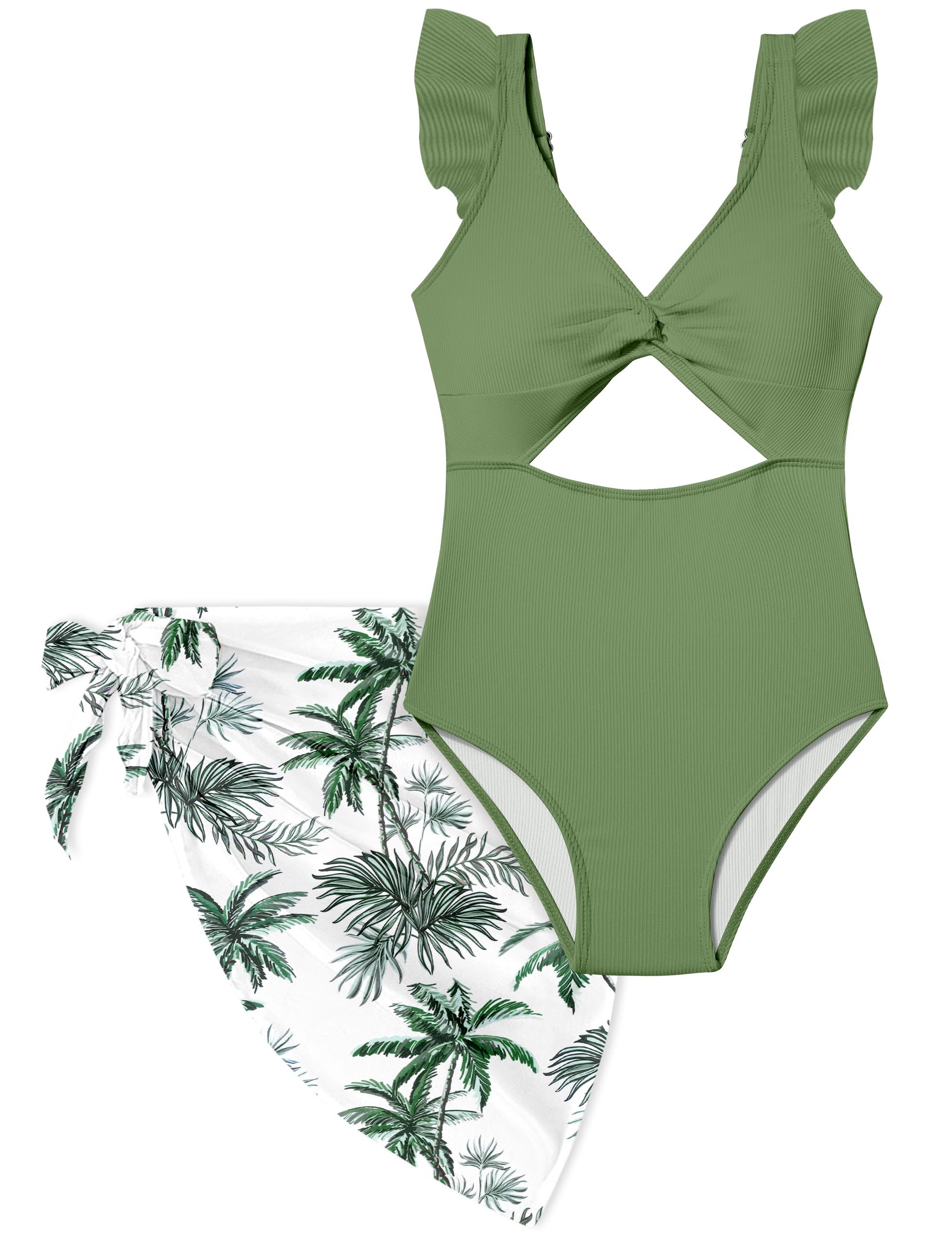 Photo 1 of ADIRUN Girl Swimsuit Girls Bathing Suits Size 12-14 Cut Out Ruffle One Piece Swimsuit Twist V Neck Tween Girls Swimsuit with Cover Up Skirt Solid Color Green 13-14 Years