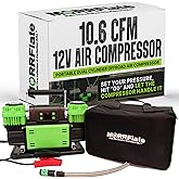 MORRFlate TenSix PSI Pro 12 Volt Air Compressor Heavy Duty - 10.6 CFM Portable Dual Cylinder Off Road Air Compressor with PSI Pro Technology - 4FT Stainless Steel Hose - Includes Carry Bag & Gloves