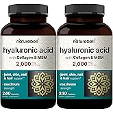 NatureBell 2 Pack Hyaluronic Acid Supplements 2,000 mg | 480 Total Capsules, with MSM & Hydrolyzed Bovine Collagen – 3 in 1 Support for Skin Hydration, Joint Lubrication, Hair, and Eye Health