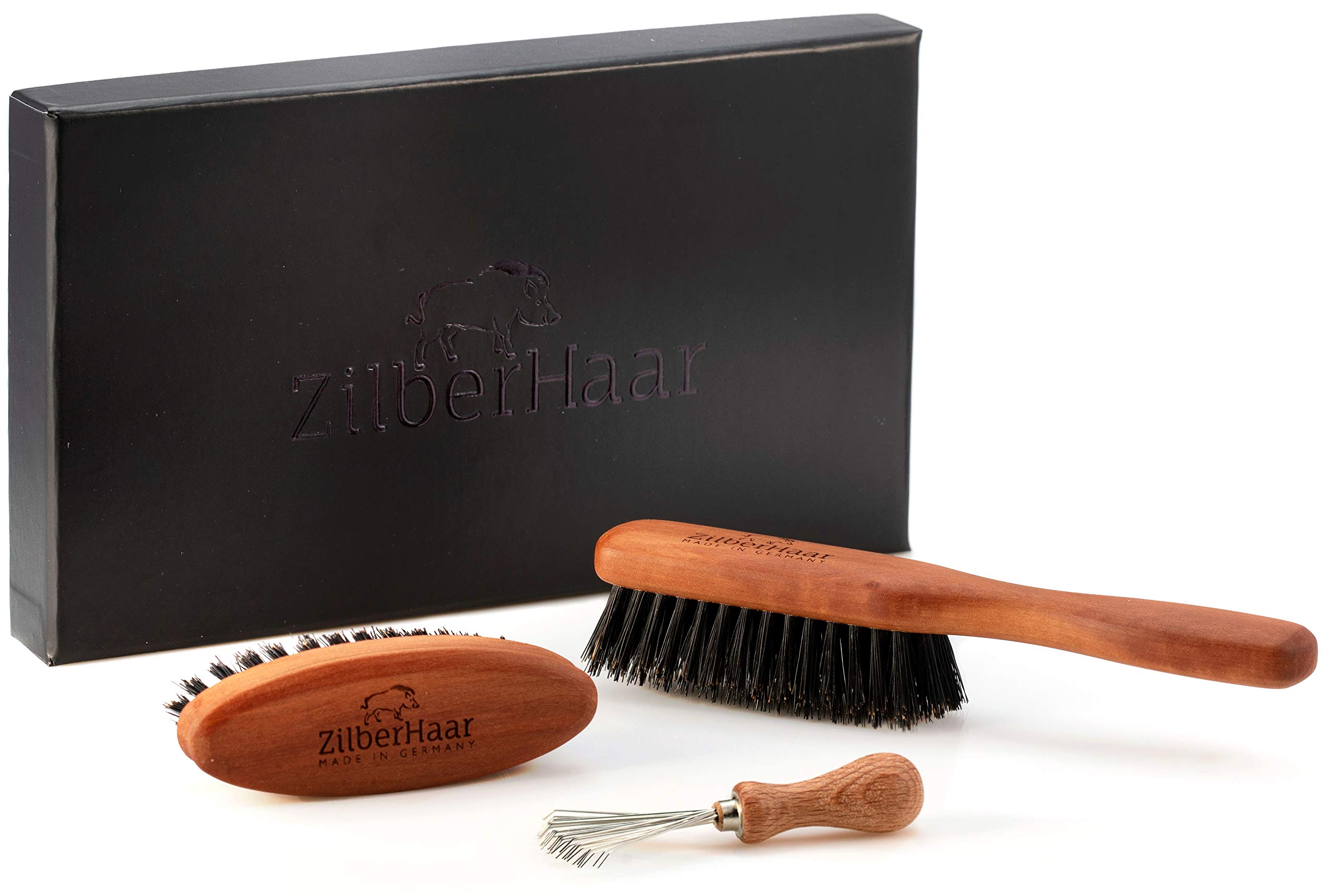 ZilberHaar - Beard Brush Grooming Kit for Men - 1 Beard Brush + 1 Pocket Brush + 1 Brush Cleaner Tool - Stiff Boar Bristles and Pearwood - Medium to Long, Thick Beards - Distributes Balm & Oil
