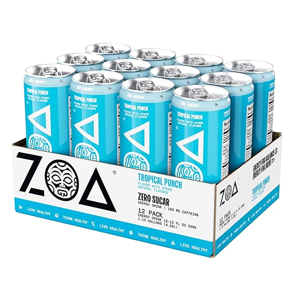 ZOA ZERO SUGAR ENERGY DRINKS, TROPICAL PUNCH – SUGAR FREE WITH ELECTROLYTES, HEALTHY VITAMIN C, AMINO ACIDS, ESSENTIAL B-VITAMINS, AND CAFFEINE FROM GREEN TEA – 12 FL OZ (12-PACK)
