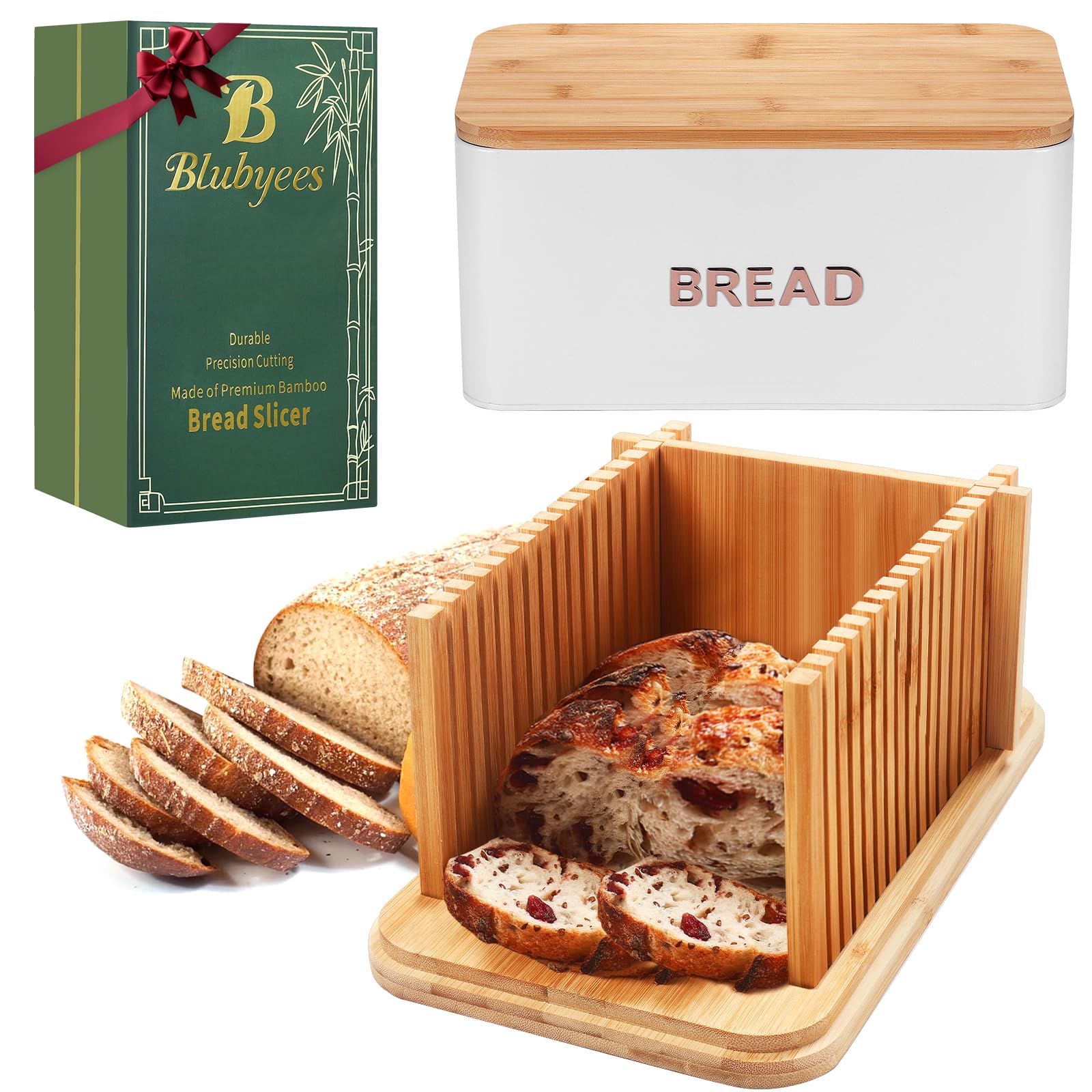 Photo 1 of BLUBYEES Bamboo Bread Slicer for Homemade Bread with Crumb Tray & Storage Box – Adjustable Slicing Guide for Sourdough, Bagels & Sandwiches – Gift for Bakers & Bread Makers