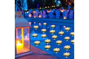 Liliful 36 Pcs Diwali Lotus Decoration Floating Lights Lotus Artificial Floating Flowers for Pool with LED Lights Battery Operated for Indian Puja Ganesh chaturthi Diwali(3.94 Inch,White)