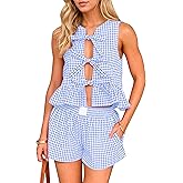 Ardrem Women Y2k Gingham Two Piece Sets Tie Front Plaid Tank Top and Wide Leg Shorts Pajama Set Vacation Outfits with Pockets