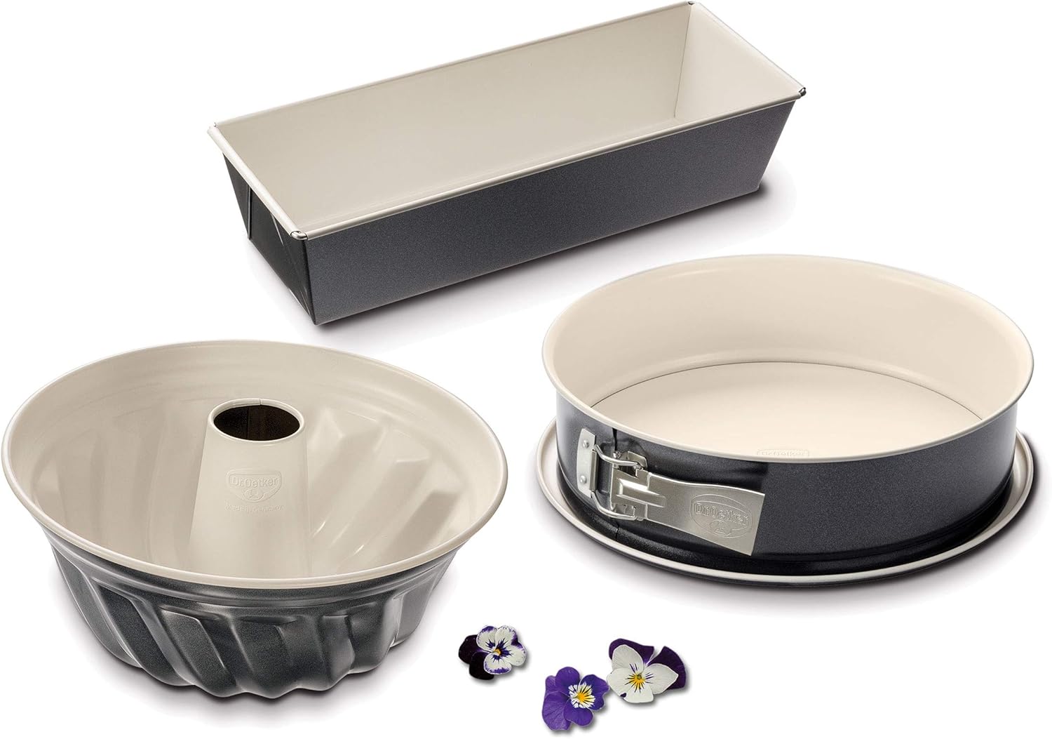 Dr. Oetker 3er Backformen-Set BACK-TREND: Springform, Gugelhupfform und Kastenform, Kuchenformen aus Stahl mit keramisch verstärkter Antihaft-Beschichtung (Farbe: creme/anthrazit), Menge: 1 x 3er Set