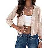Kate Kasin Women's Cropped Cardigan Sweaters Trendy Lightweight 3/4 Sleeve Button Down Crochet Textured Shrugs Top