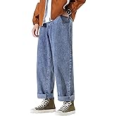 DOSLAVIDA Men's Work Jeans Casual Hip Hop Cargo Solid Color Loose Fit Straight Wide Leg Cotton Denim Pants with Zipper