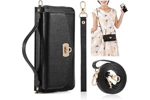 REEGINCH Crossbody Wallet Case for iPhone 17 Pro Max 6.9", Magnetic Detachable PU Leather Case with RFID Blocking Card Holder, Wristlet & Shoulder Strap, Flip Zipper Clutch Purse for Women - Black B
