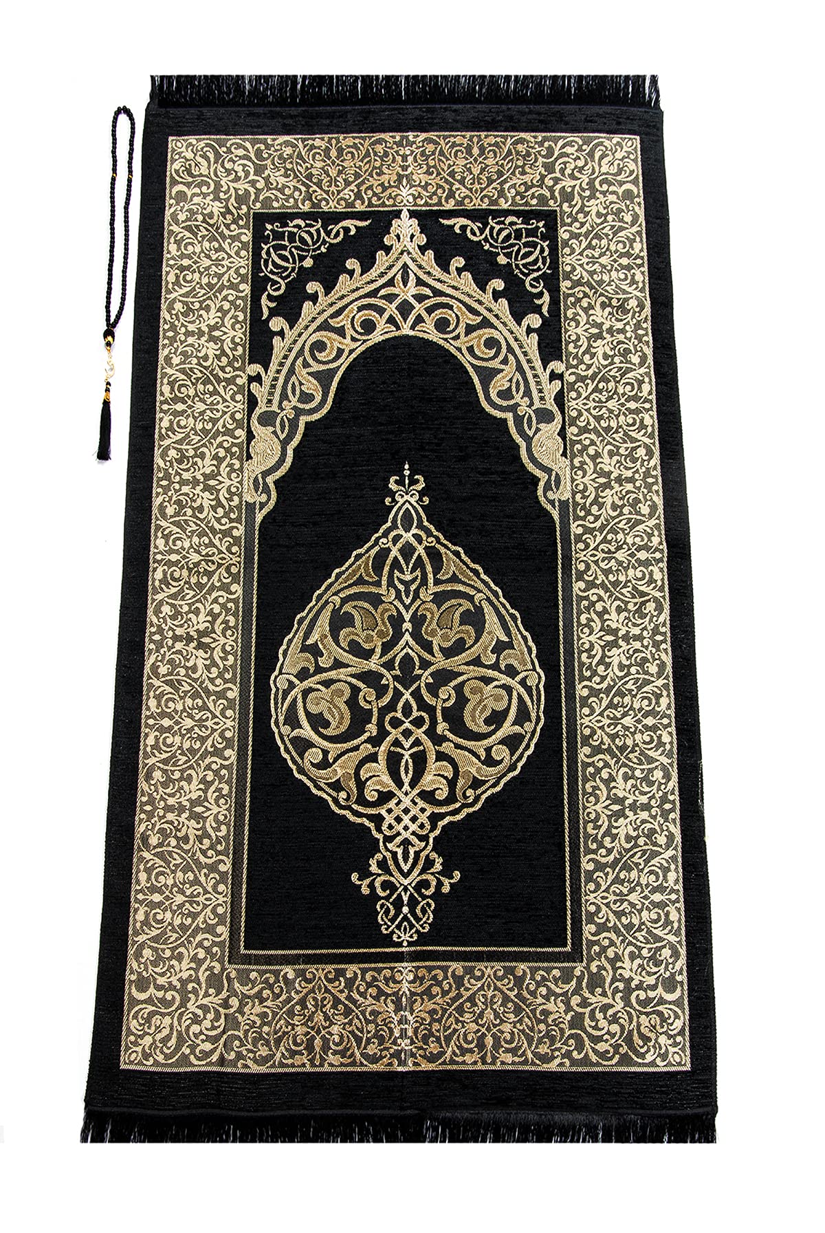 Miss Tesettür ihvan online Muslim Prayer Rug with Prayer Beads, Janamaz, Soft Sajadah, Islamic Gifts for Eid Ramadan, Portable Prayers Carpet Mat, Chenille Fabric, Black