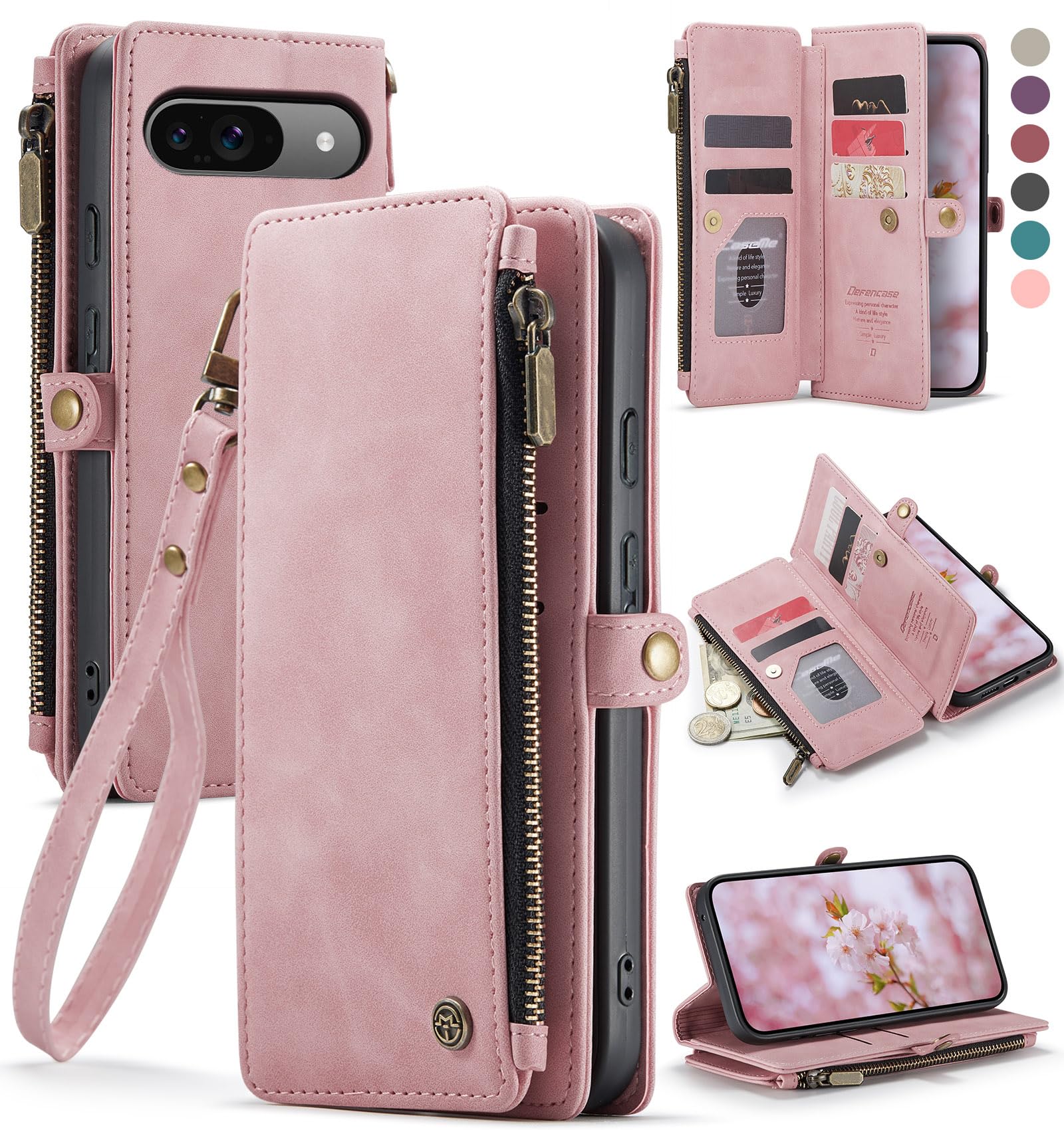 Photo 1 of Defencase Compatible with Pixel 9/Pro Case, RFID Blocking Wallet Case Fit for Google Pixel 9 & 9 Pro Soft PU Leather Magnetic Snap Flip Zipper Strap Card Holder Phone Case for Women Men, Pink