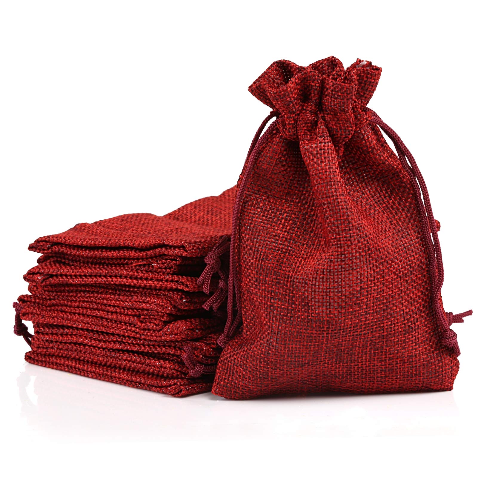 Naler 24pcs Linen Jute Gift Pouches Bags, Hessian Bags Sack Drawstring Bags Jewellery Pouches Party Christmas Storage Wrap Wedding Favor, 10 * 14cm, Red