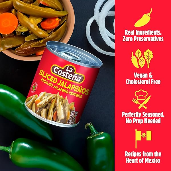 LA COSTEÑA SLICED JALAPENO PEPPERS – PICKLED JALAPENOS – JALAPENO PEPPER – HOT PEPPERS FOR MEXICAN FOOD, GUACAMOLE, SPICY NACHO & TACO TOPPINGS, ENCHILADAS & SALSA – 12OZ, 1 PACK CANNED JALAPENOS