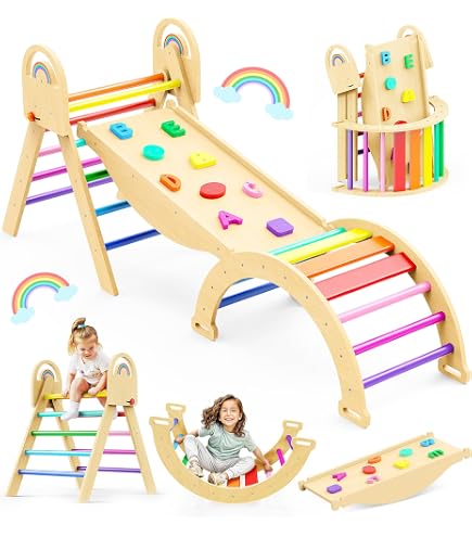 FUNLIO Jeu de Triangle Pliable, Jeu d'escalade Montessori en Bois Massif pour Les Enfants de 2 à 6 Ans, Gymnastique d'Intérieur 3-en-1 Ajustable avec Arche/Glissière/Roche d'escalade/Triangle