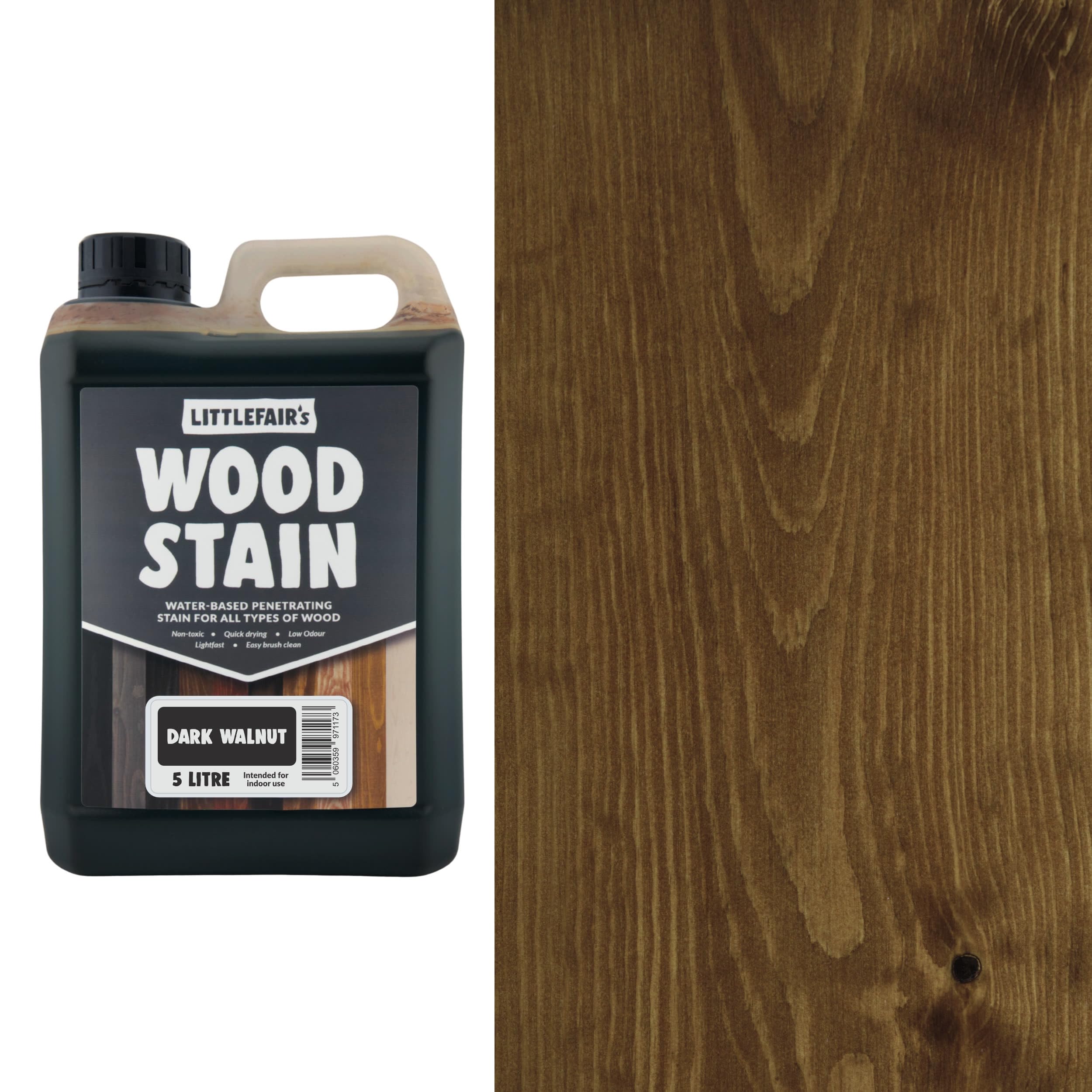 Littlefair's Wood Stain Water-Based - (Dark Walnut) – Non-Toxic, Eco-Friendly & Quick Drying - Easy-to-Apply, Concentrated Formula for All Wood Types – 5 LTR