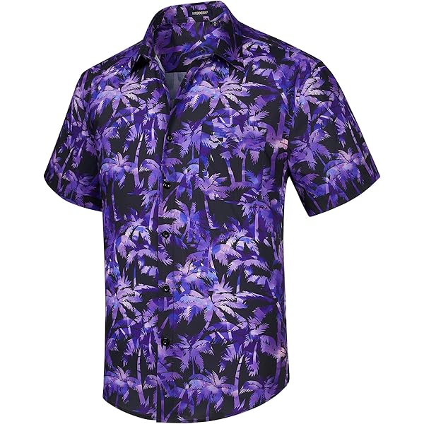 Camicia hawaiana da uomo a maniche corte, slim fit, per il tempo libero, leggera, casual, da spiaggia, elegante, per le vacanze, per le vacanze, senza pieghe, Lilla, M