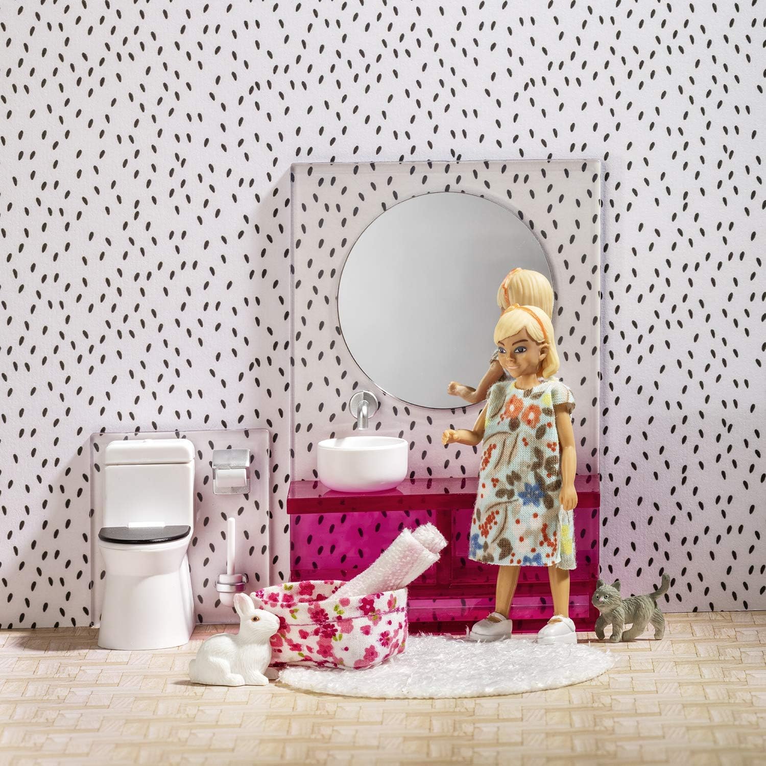 LUNDBY Dolls House Furniture Bathroom Set, Mirror Vanity Unit with 2 Sinks + Toilet, Doll House Accessories - Image 3