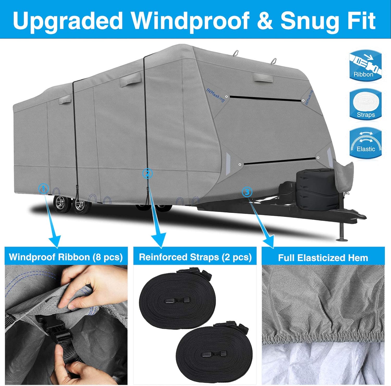 RVMasking Upgraded 6 Layers Top Travel Trailer RV Cover Waterproof Camper Cover for 26'1" - 28'6" RV - Prevent Top Tearing Caused by Sun Exposure with 4 Tire Covers 2 Straps, Tongue Jack Cover: Automotive