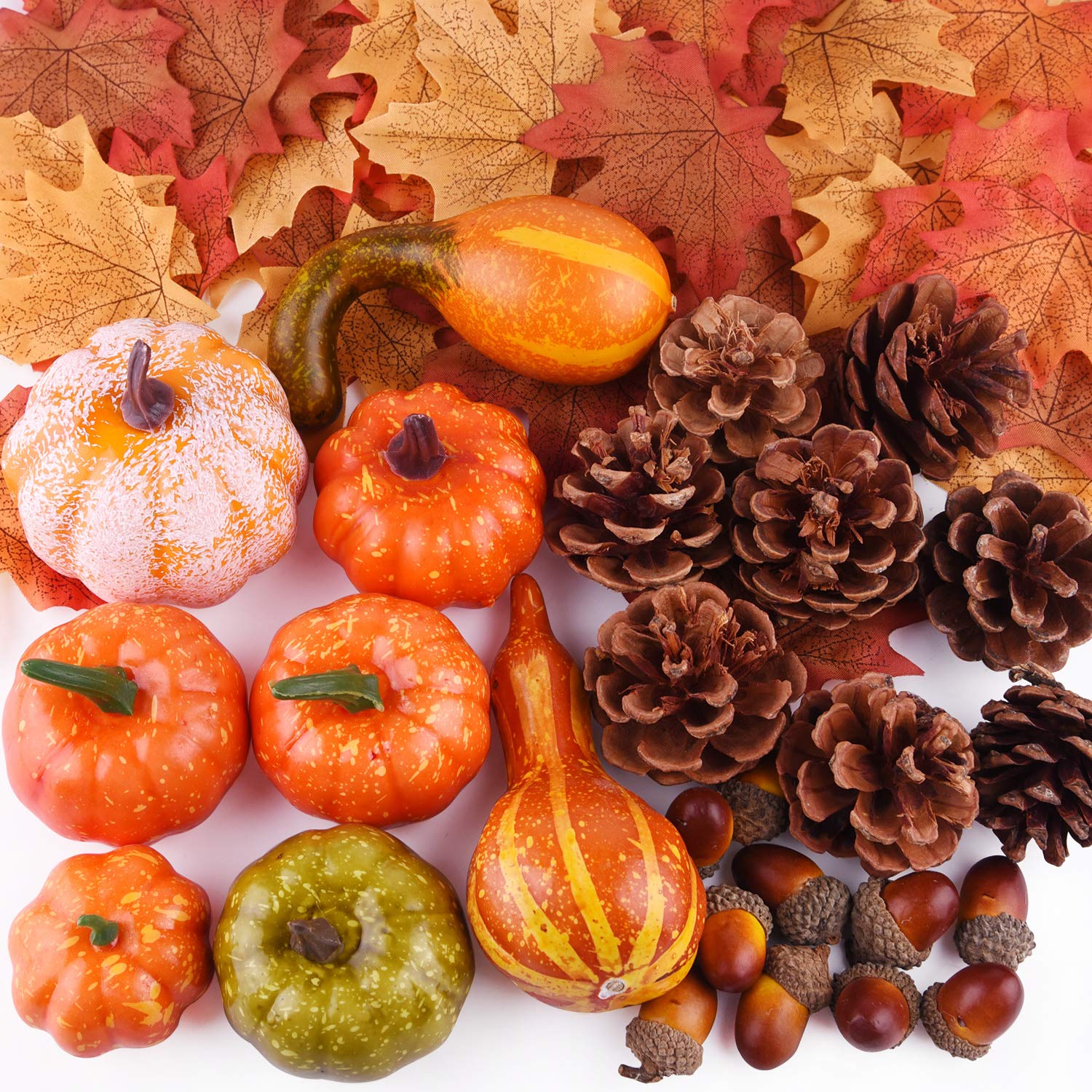 FEPITO 56 Pcs Fall Thanksgiving Decorations, Mini Artificial Pumpkins, Pine Cones, Fall Leaves, Acorns for Fall Party Decorations, Autumn Decorating Kit Halloween Thanksgiving Party Supplies — image 1