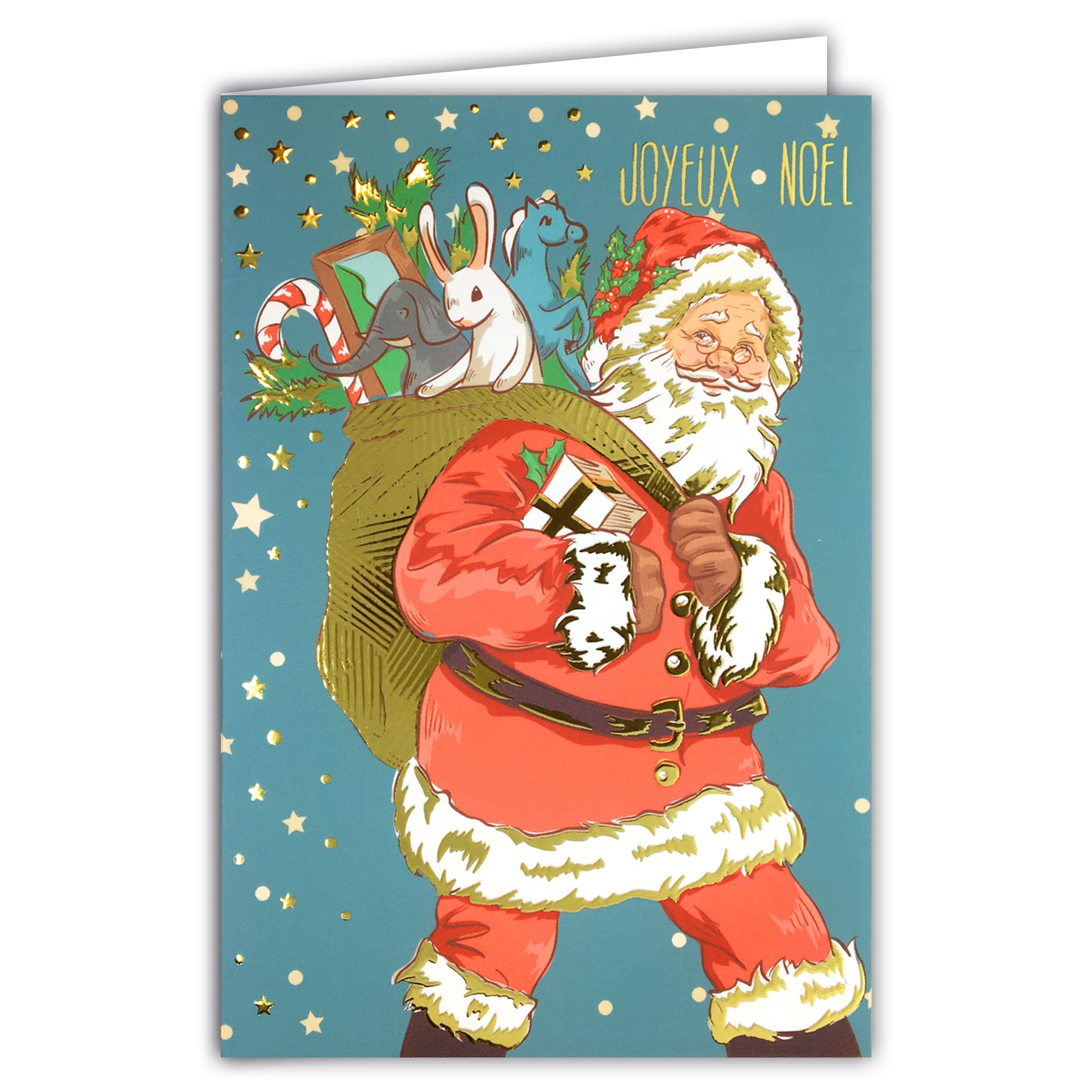 AFIE 61-5656 Merry Christmas Card in Gold Gold Shimmer Sparkling Sparkling Hood Toys Plush Rabbit Pony Horse Unicorn Elephant Candy Canes Holidays - With White Envelope